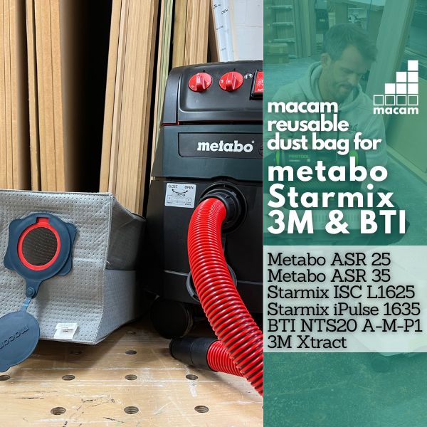 Reusable dust bag for Metabo ASR 25/35 fitted inside the dust extractor