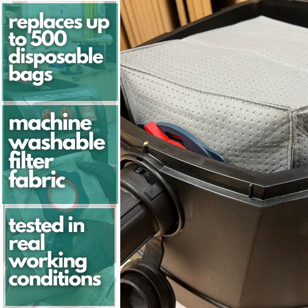 Close-up of the reusable dust bag fabric and collar for Metabo, Starmix, 3M and BTI