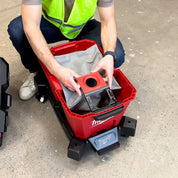 Reusable dust bag for Milwaukee M18 Fuel Nexus 23L emptied and shaken out for reuse