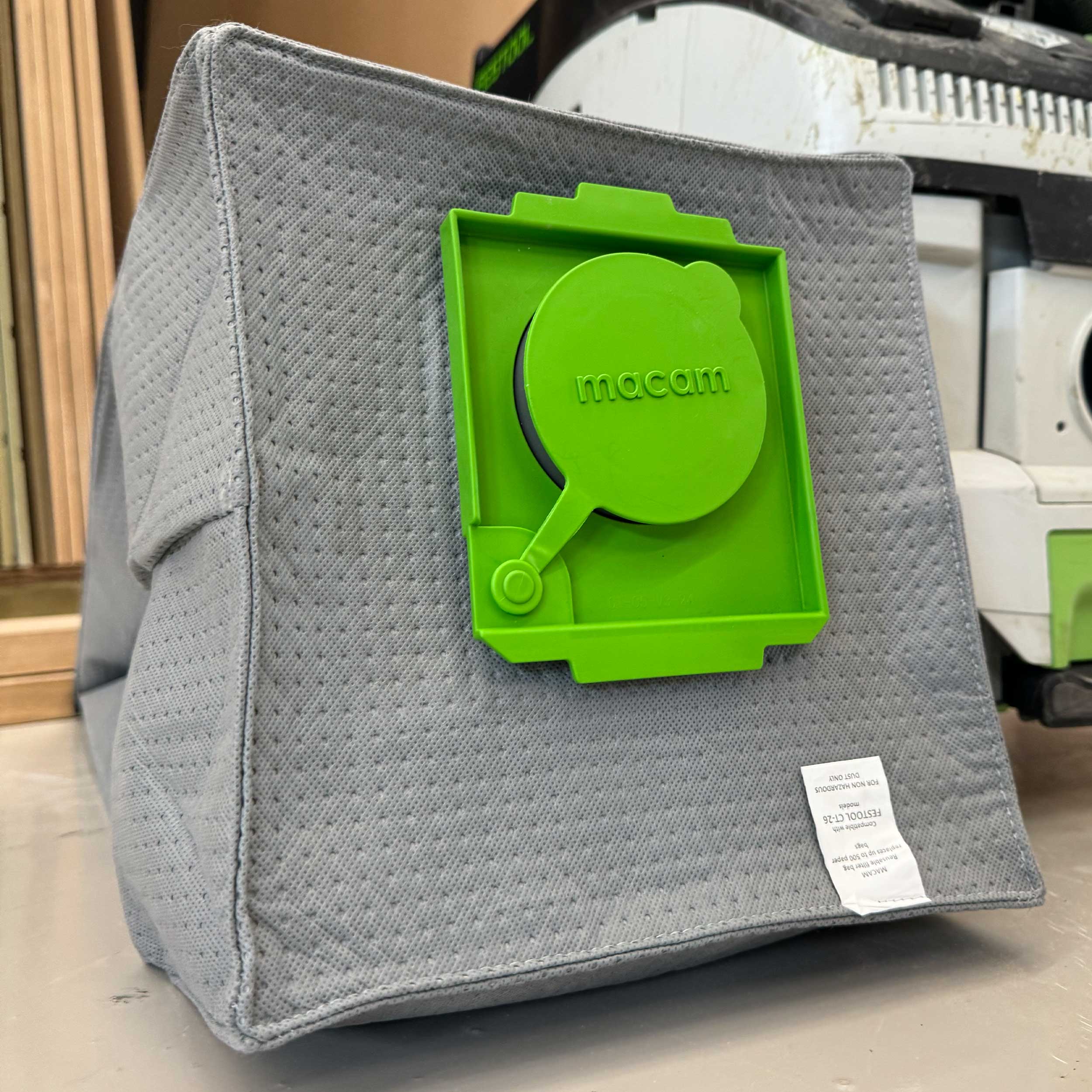 Reusable dust bag for Festool CLEANTEC 48 laid flat showing full bag shape