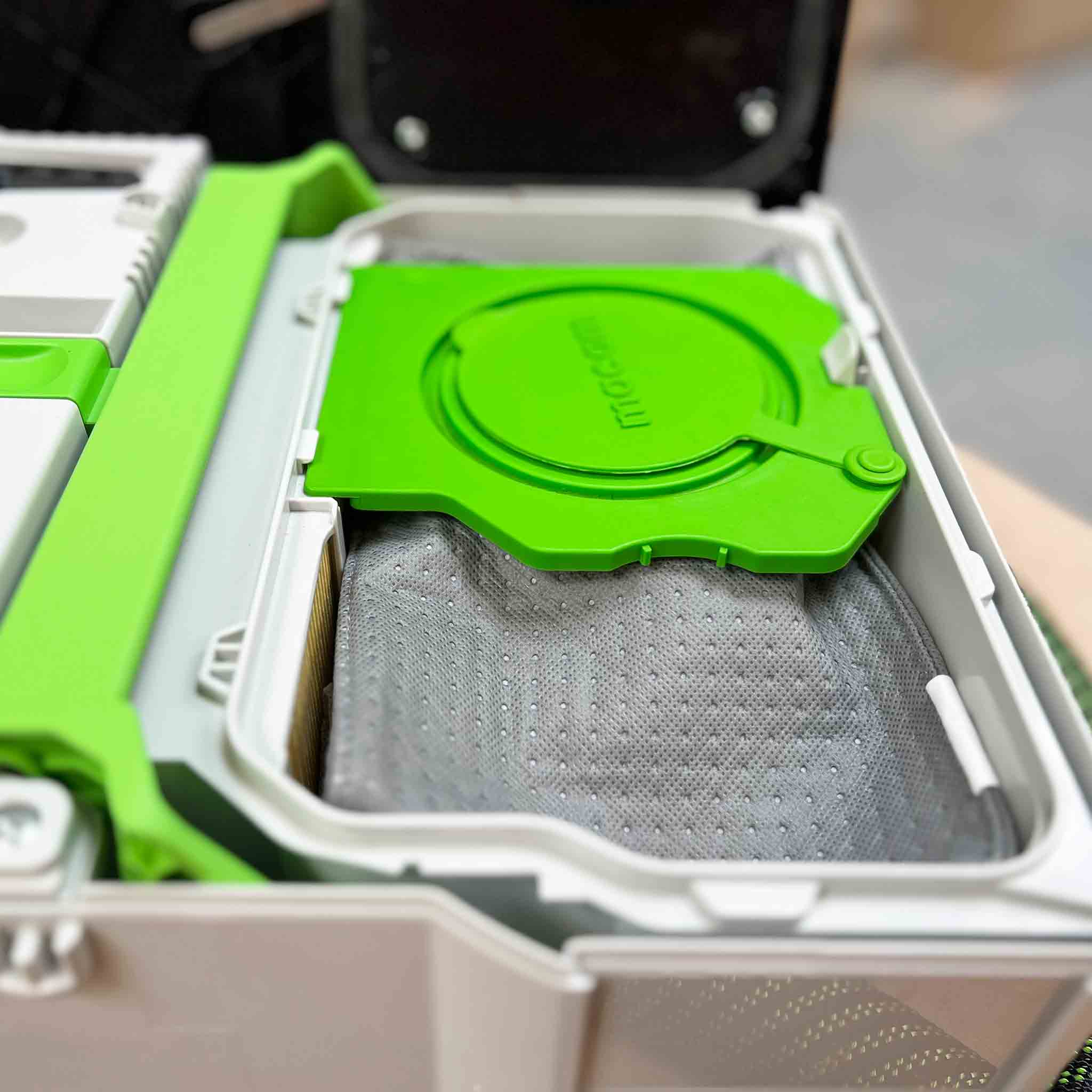 Close-up of the reusable dust bag fabric and collar for Festool CTL SYS