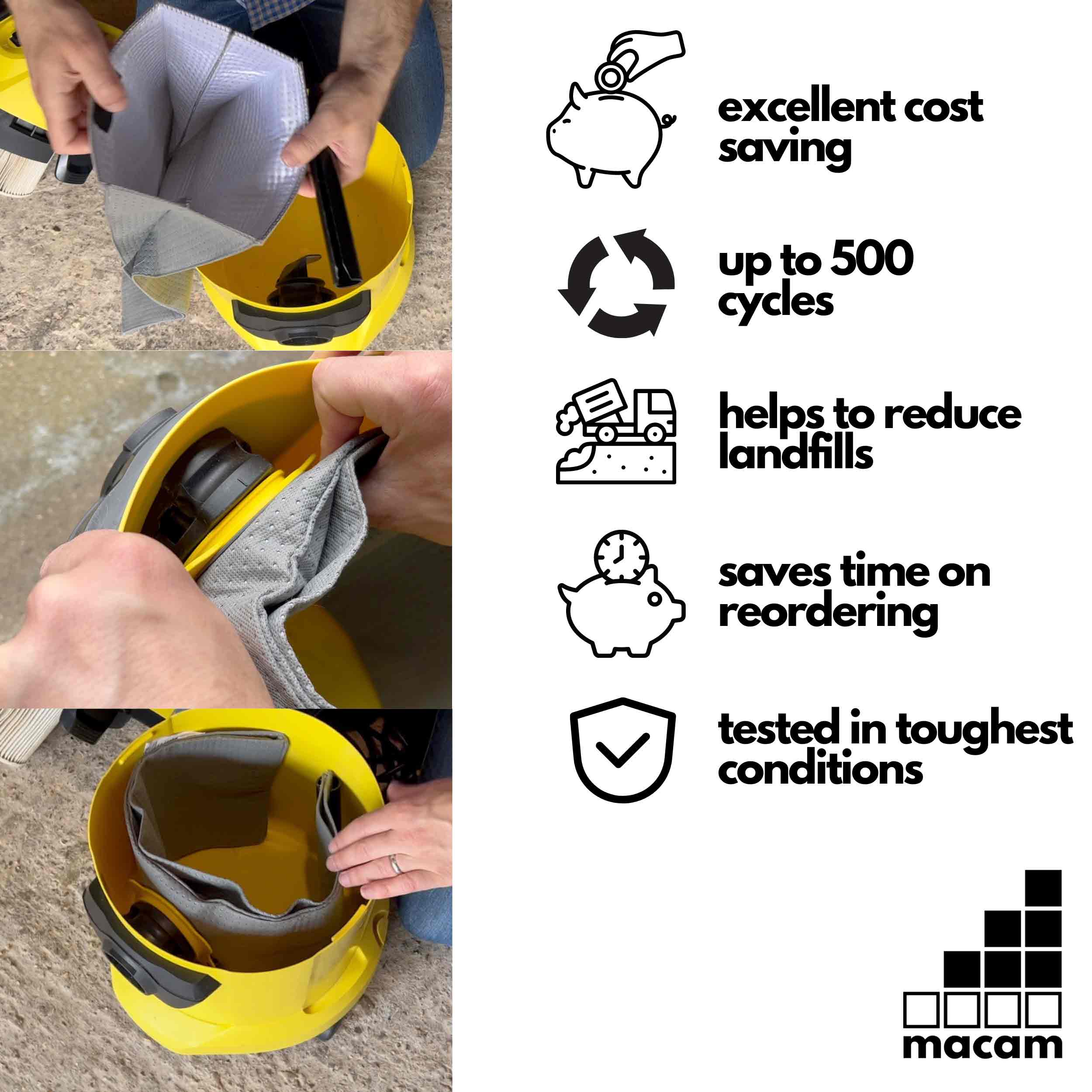 Reusable dust bag for Karcher WD5/WD6 emptied and shaken out for reuse