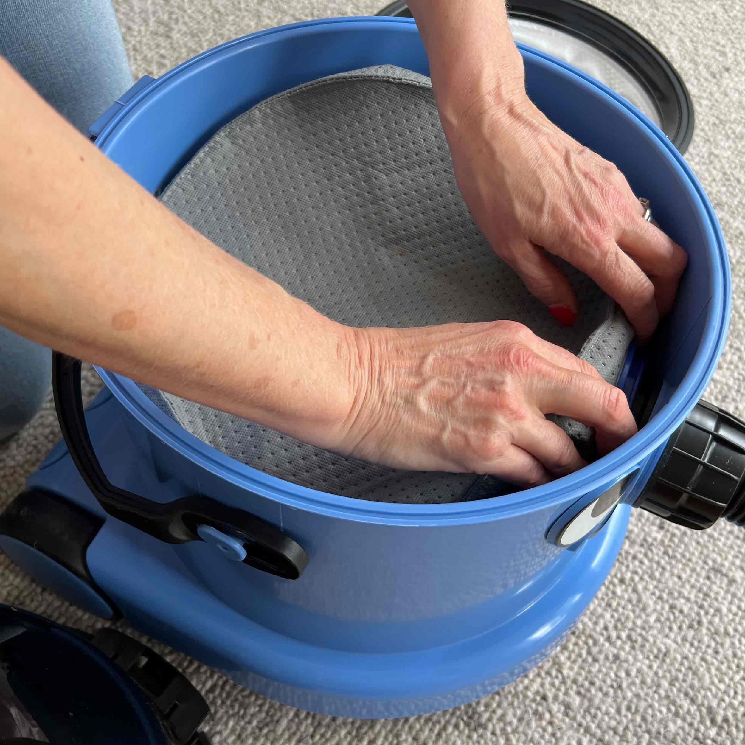 Reusable dust bag for Numatic Henry XL, Charles and George emptied and shaken out for reuse