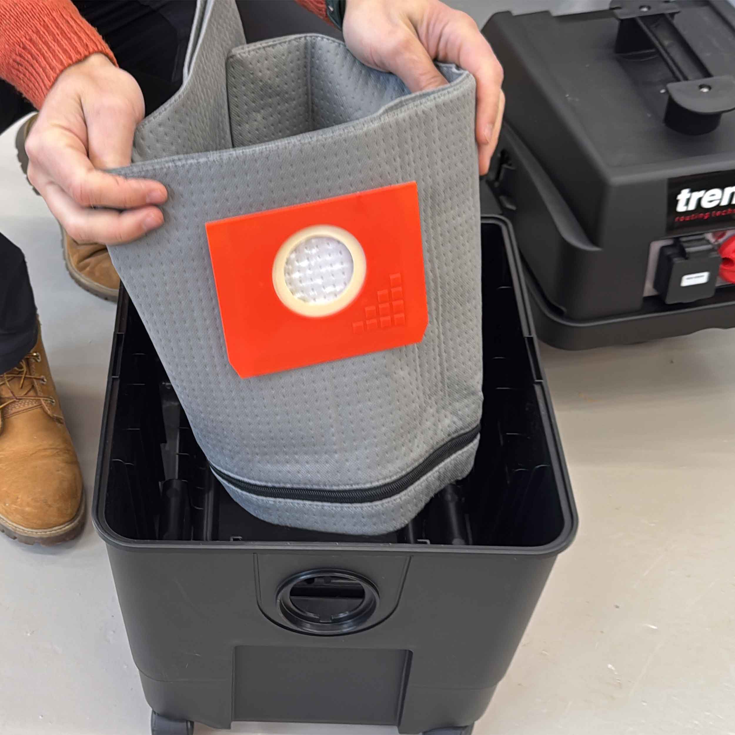 Reusable dust bag for Trend T35 emptied and shaken out for reuse