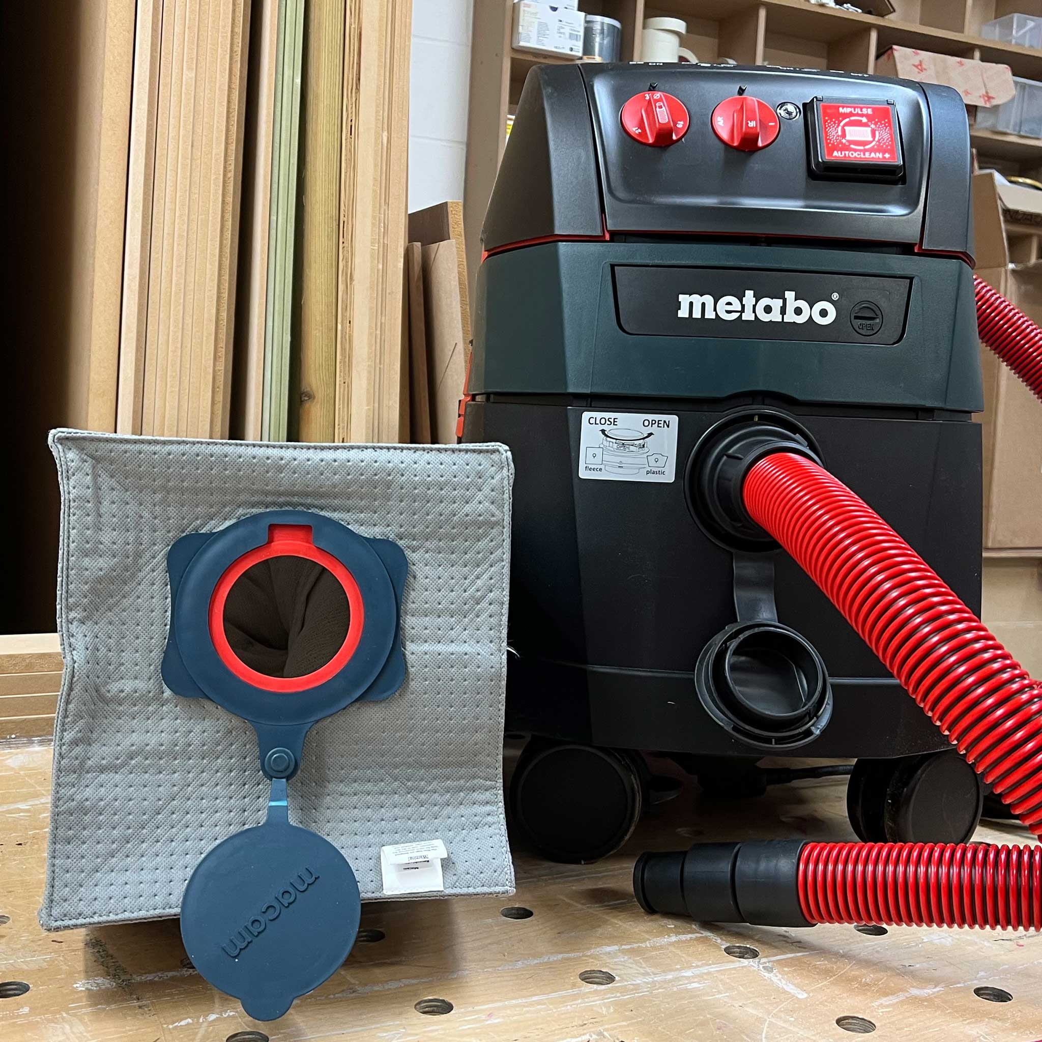 Reusable dust bag for Metabo, Starmix, 3M and BTI laid flat showing full bag shape